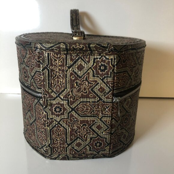 Vintage Round Tapestry Design Storage Box Carrier Vinyl Travel Luggage HandleZip - Picture 7 of 10